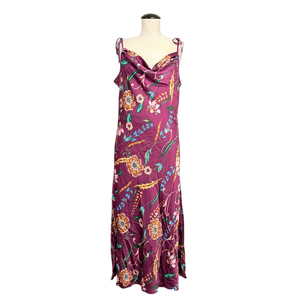 NEW THML Floral Cowl Neck Midi Dress Magenta Purple Satin Tie Strap Large